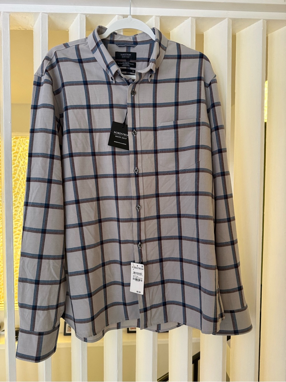 Nordstrom Men’s Grey Plaid Button-Down Shirt with Navy Accents